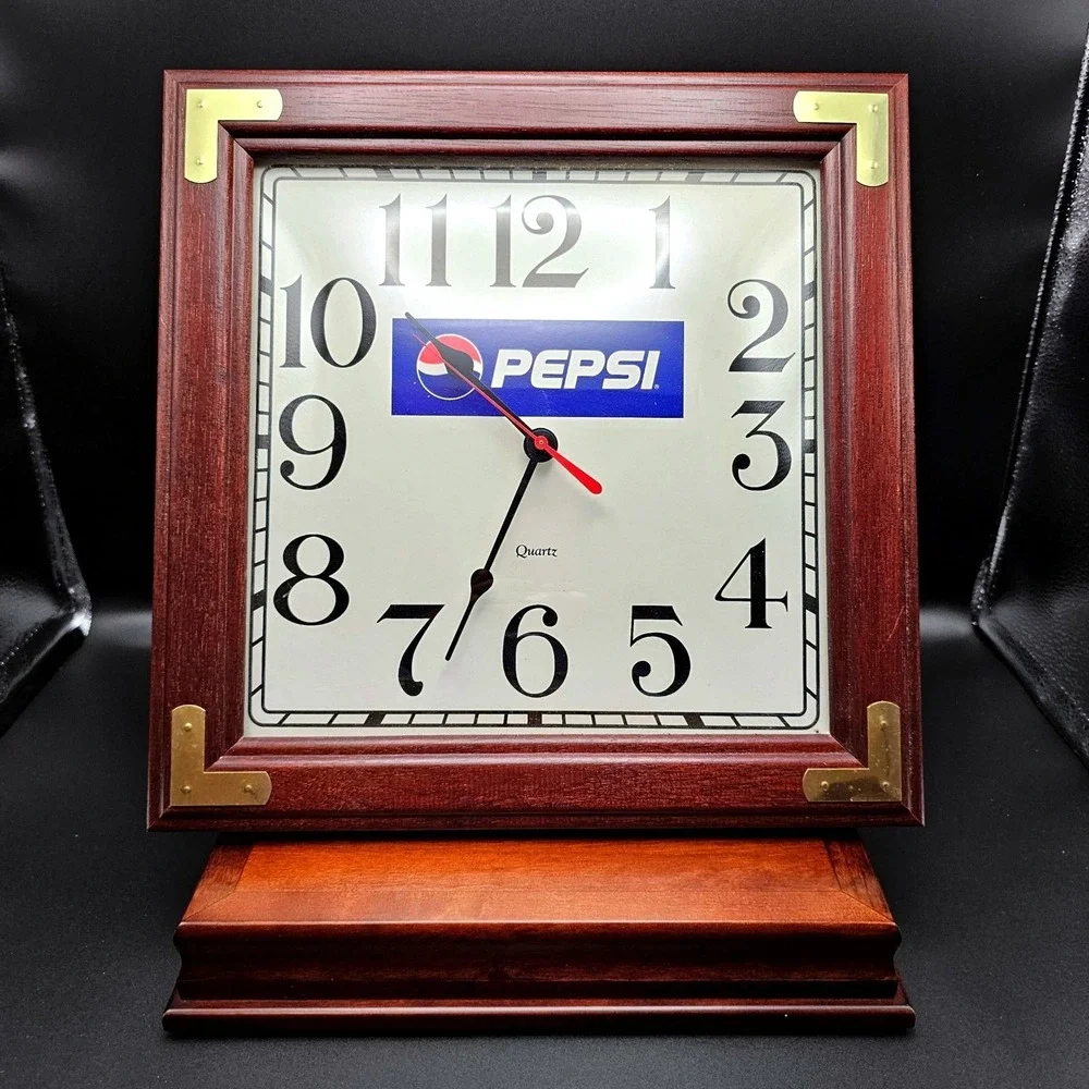 Vintage Pepsi Wall Clock w/ Cherrywood Frame & Matching Tablet/Phone Stand Works